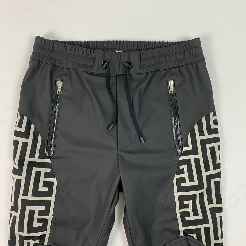 BALMAIN mens Maxi Monogram Knee-Pad Track Pants Nylon Jogger‎ Black Ivory 48